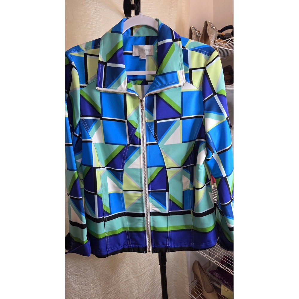 Erin London Geometric Abstract Zip Up Jacket Blue Green Teal Women Medium